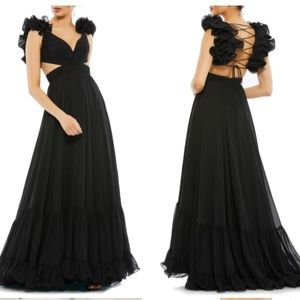 MAC DUGGAL RUFFLE TIERED CUT-OUT CHIFFON GOWN